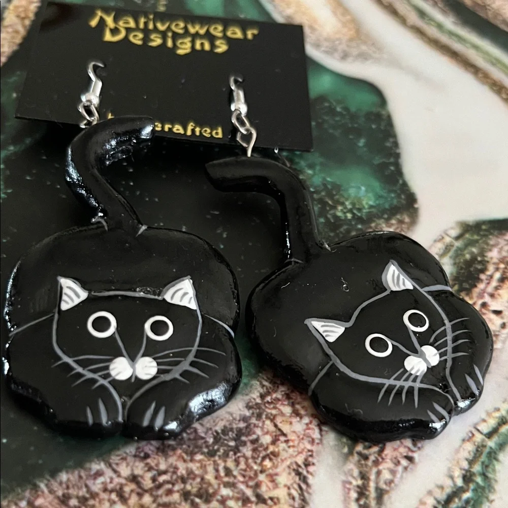 Black Cat Drop Earrings - Cute Cat Face Dangles